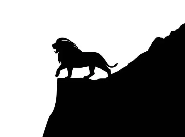 Vector illustration of wild african lion standing at mountain cliff vector silhouette lanscape