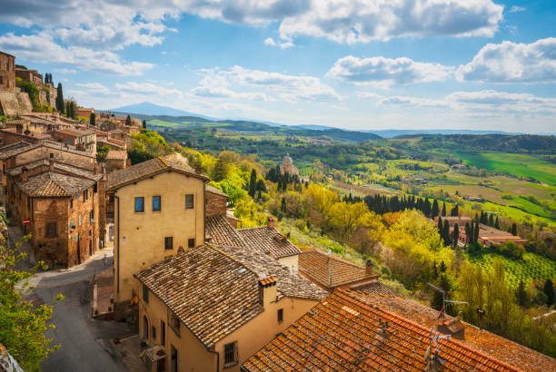 Montepulciano village panoramic view. Siena, Tuscany Italy Montepulciano italian medieval village panoramic view and San Biagio church on background. Siena, Tuscany, Italy Europe. siena italy stock pictures, royalty-free photos & images