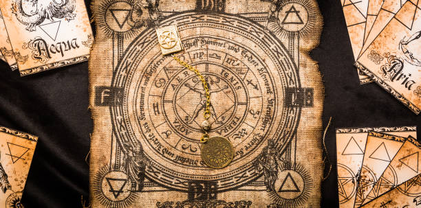 istock Ancient esoteric witchcraft background. Occultims and paganism old symbol, with mysterious runes alphabet 1362345713