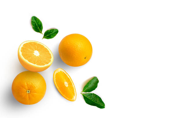 frutti d'arancia - isolated on white orange juice ripe leaf foto e immagini stock