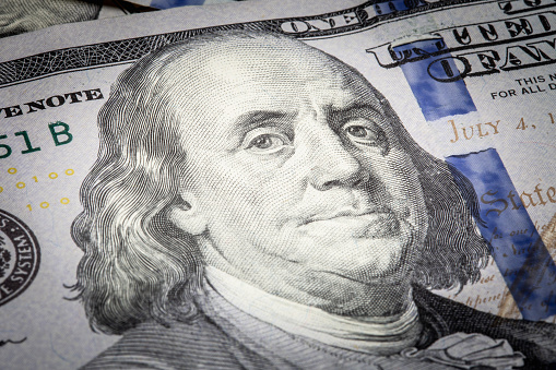 Benjamin Franklin closeup on 100 dollar bill