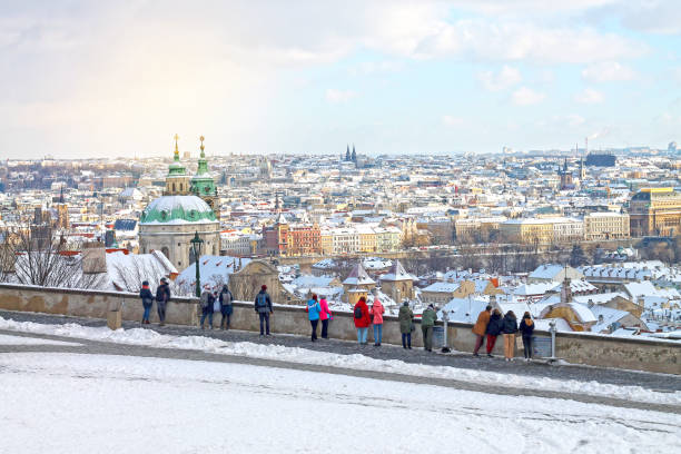 View of winters snowy Prague City, Czech Republic. stock photo