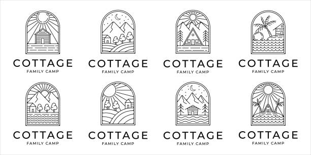 ilustraciones, imágenes clip art, dibujos animados e iconos de stock de conjunto de cabaña o cabaña línea de arte minimalista diseño de ilustración de icono vectorial simple. paquete de colección de cabaña o cabaña en el bosque de montaña y la playa para el diseño vectorial de concepto de arte de línea de icono - casitas