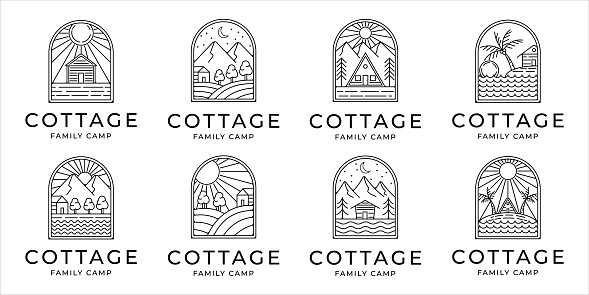 set of cottage or cabin line art minimalist simple vector icon illustration design. bundle collection of cottage or cabin at the mountain forest and the beach for icon line art concept vector design