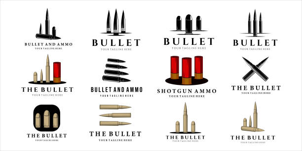 다양한 글머리 기호 와 탄약 아이콘 빈티지 벡터 일러스트 템플릿 개념 아이콘 디자인세트. 사냥꾼 또는 군사 아이콘 일러스트 벡터 디자인탄약 및 총알 의 번들 컬렉션 - bullet ammunition gun rifle stock illustrations