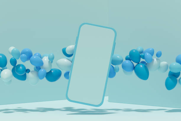 blank screen mobile smart phone and flying easter eggs on blue background - egg cell imagens e fotografias de stock