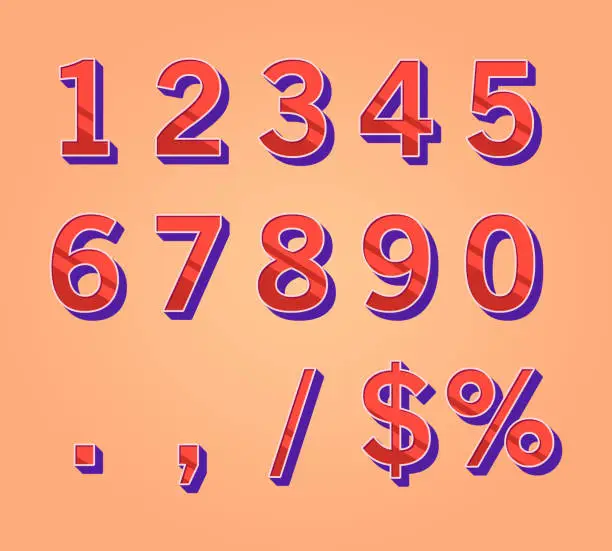 Vector illustration of Three dimensional red numbers, percentage and dollar sign.