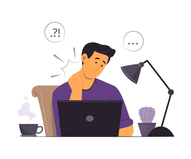 Man Feeling Neck Pain While Working at Home. Freelance man feeling neck pain while working at home. man sitting alone drawing stock illustrations