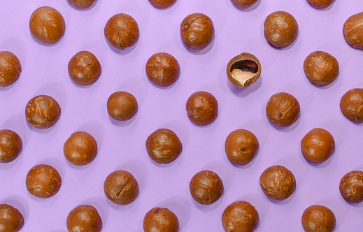 The background layout of macadamia nuts, on a purple purple color. With an emphasis on the inverted inner side of the nut shell.