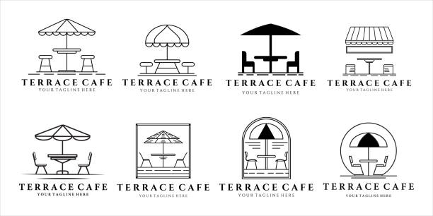 illustrazioni stock, clip art, cartoni animati e icone di tendenza di set di terrace café vector line art e design di modelli di illustrazione vintage. bundle collection street food ristorante coffee shop per vari concetti con design isolato e badge - cafe restaurant chair bar