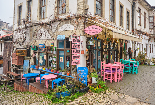 Safranbolu. Turkey. cute cafe shop, colorful table and nice details of tea shop in safranbolu Turkey. Fresh photo, fresh day of year.