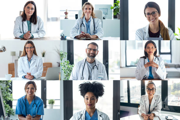 istock Headshot screen application view of diverse doctors have work web conference. 1362359767