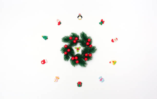 istock Christmas scene with Xmas wreath and decorations on white background. Flat lay style with copy space. Holiday concept 1362359872