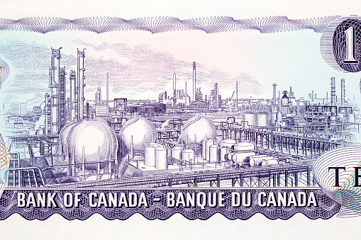 Oil refinery at Sarnia, Ontario from old Canadian money