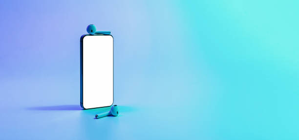 istock Screen mockup. Mobile smartphone technology blank screen. Mock up smart phone device, audio headphones on neon gradient banner. Game design, mobile application presentation or portfolio mockups. 1362360995