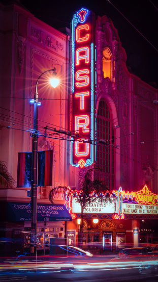 San Francisco, California, USA - August 2019: Castro Theatre building on Castro Street at night