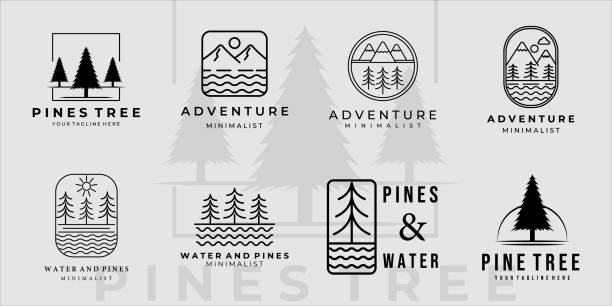 illustrazioni stock, clip art, cartoni animati e icone di tendenza di set di acqua di montagna e pino icona linea art minimalista semplice modello di icona design. collezione bundle di varie icone di avventura icona per il concetto di compagnia di viaggi - pine wood forest river