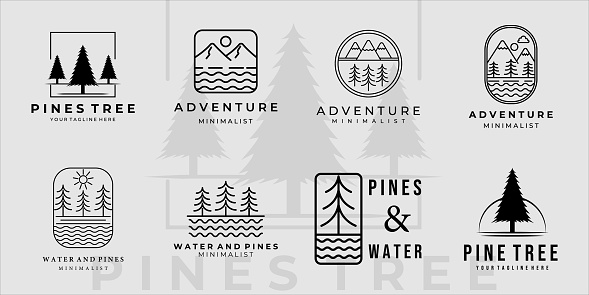 set of mountain water and pine icon line art minimalist simple icon template design. bundle collection of various adventure icon icon for travel company concept