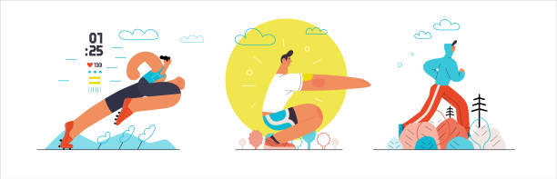 ilustraciones, imágenes clip art, dibujos animados e iconos de stock de corredores: un conjunto de ilustraciones de correr y hacer ejercicio fuera de las personas - track and field athlete women vitality speed
