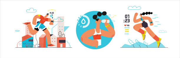 ilustraciones, imágenes clip art, dibujos animados e iconos de stock de corredores: un conjunto de ilustraciones de correr y hacer ejercicio fuera de las personas - track and field athlete women vitality speed