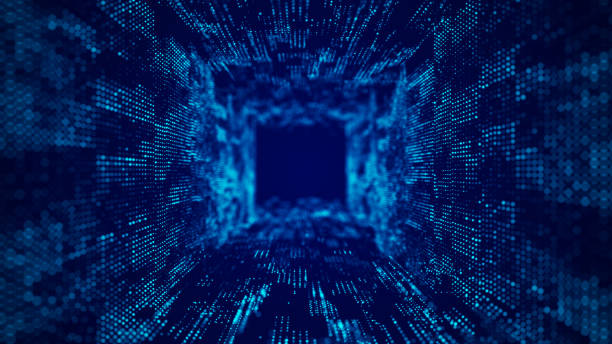 istock Abstract wireframe tunnel. Blue wormhole. 3D portal grid. Futuristic fantasy funnel. 3d rendering. 1362363911