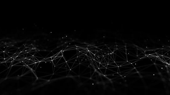 Abstract technology wave of particles. Big data visualization. Background with motion dots and lines. Artificial intelligence.