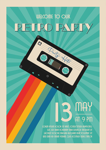 Retro Party Poster Template For Designer.
Music cassette in flat design.