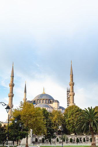 Blue Mosque, Sultan Ahmet Mosque, at dawn. The view of architecture, garden and facade in old town, Istanbul, Turkey