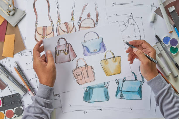 Designer stylish sketch Drawn design template pattern made leather clutch bag handbag purse Woman female Fashionable Fashion Luxury Elegant accessory. stock photo