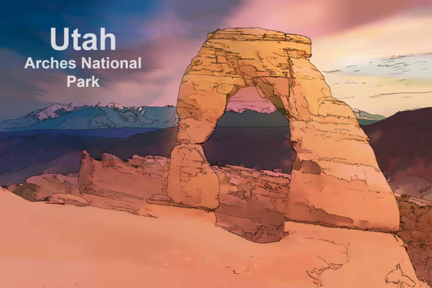 illustrazioni stock, clip art, cartoni animati e icone di tendenza di delicate arch nel parco nazionale degli archi, utah - arches national park illustrations