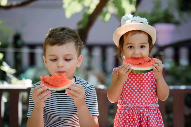 Photo of Two kids, a 7 years old boy  and his sister a 2 years old girl kid in red dress with white polka dots and hat are eating a very funny slice of a watermelon.