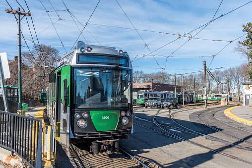 Boston Massachusetts, United States - December 23, 2021: View of the Boston College end station, of the Green Line of the subway, in Boston.