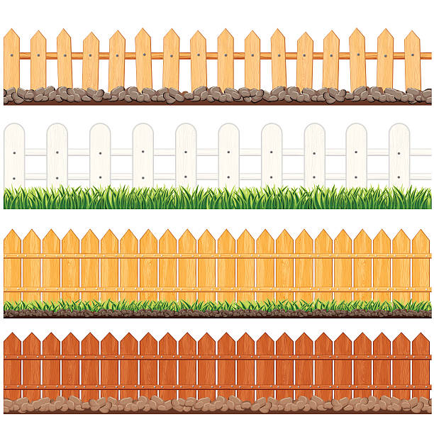 Four illustrations of different fences Rural Wooden Fence, Vector Collection rail fence stock illustrations