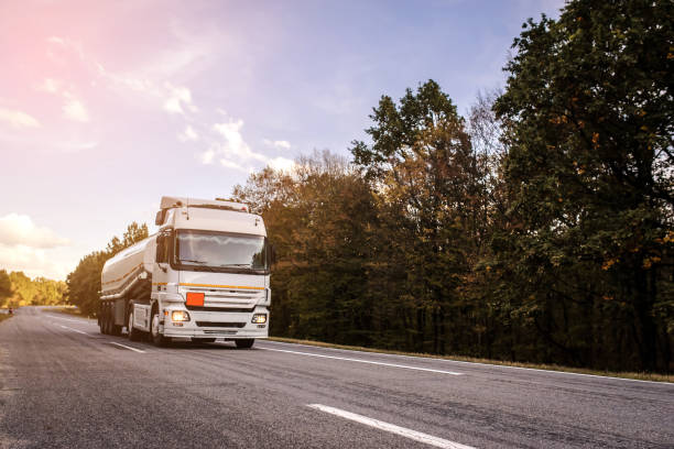istock Truck driving on the road through forest. 1362375508