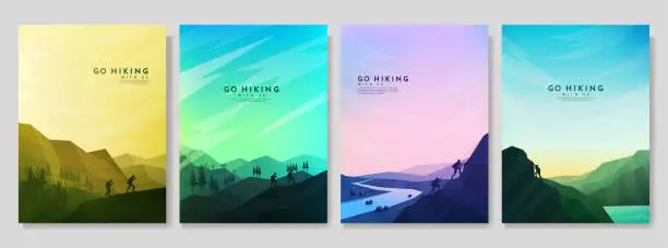 Vector illustration of Vector illustration. Travel concept of discovering, exploring and observing nature. Hiking. Adventure tourism. Minimalist graphic flyers. Polygonal flat design for poster, brochure, magazine, cover