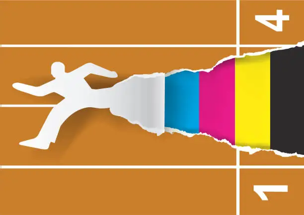 Vector illustration of Fast printing, cmyk colors concept, running man.