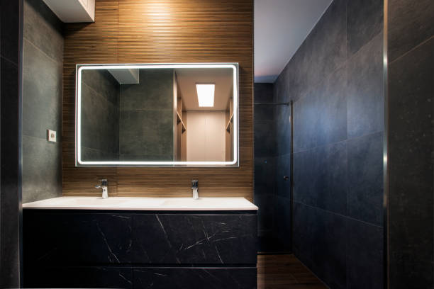 istock marble double sink vanity with mirror with light in grey and brown bathroom design 1362380922