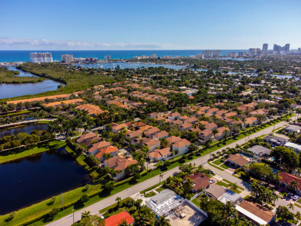 Aerial photo luxury homes in Hollywood FL with coastal views stock photo