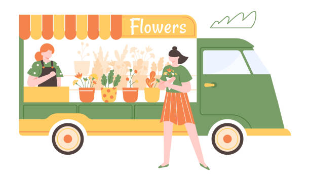 illustrations, cliparts, dessins animés et icônes de étal de fleurs, camion de marché floral, boutique de rue - store flower bouquet florist