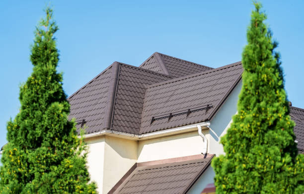 Tiled roof with segment of snow holding structure, Gutter system for metal roof. House with new brown metal tile roof and rain gutter. Metallic Guttering System, Guttering and Drainage Pipe Exterior techo de tejas con segmento de estructura de retención de nieve, sistema de canaletas para techo metálico. casa con techo nuevo de teja metálica marrón y canaleta de lluvia. sistema de canaletas metálicas, canaletas y tuberías de drenaje exteriores