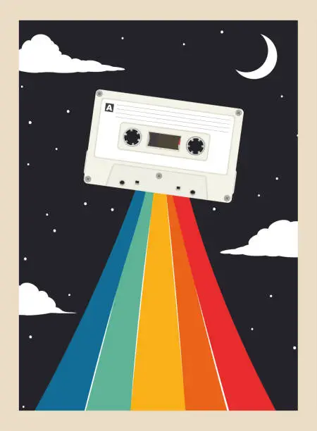 Vector illustration of retro party poster with cassette tape