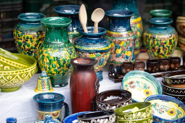 istock Hand made ceramic pottery. Hand painted pottery. Traditional pottery fair. Cucuteni ceramic pottery. Hand painted ceramics. Romanian ceramic market 1362383252