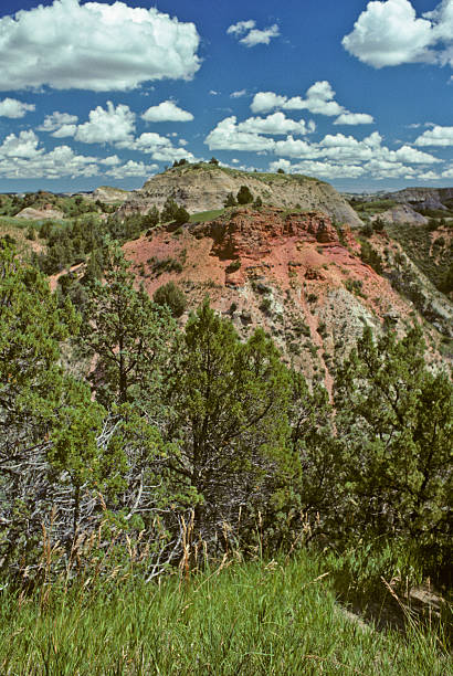 Clouds and Red Rock Formation Theodore Roosevelt National Park lies where the Great Plains meet the rugged Badlands near Medora, North Dakota, USA. The park's 3 units, linked by the Little Missouri River is a habitat for bison, elk and prairie dogs. The park's namesake, President Teddy Roosevelt once lived in the Maltese Cross Cabin which is now part of the park. This picture of a classic badland formation was taken from the Scenic Loop Drive. jeff goulden theodore roosevelt national park stock pictures, royalty-free photos & images
