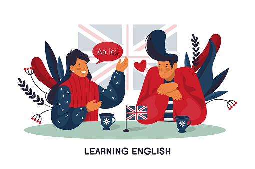 English lesson with tutor or teacher, banner or background. People speak on foreign language, communication or conversation. Study of English language and culture. Theme of education.