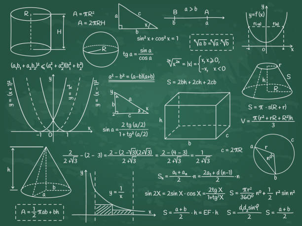 Math, geometry or physics calculation formulas, algebra figures and graphs. Doodle school education graphs vector illustration set. Hand drawn formula symbols Math, geometry or physics calculation formulas, algebra figures and graphs. Doodle school education graphs vector illustration set. Hand drawn formula symbols. Science lecture or lesson trigonometry stock illustrations