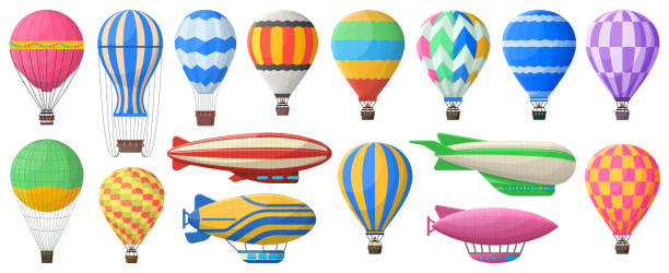 ilustraciones, imágenes clip art, dibujos animados e iconos de stock de globo aerostático, aerostato vintage volador y dirigibles. transporte aéreo vintage, viaje aéreo volando aerostato conjunto de símbolos vectoriales. dirigible retro y globo aerostático - globo-dirigible
