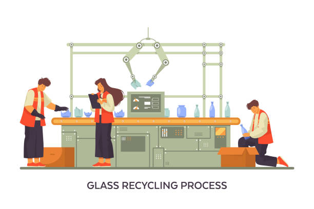 glas- oder flaschenrecyclingprozess, vektorbanner - industry worker stock-grafiken, -clipart, -cartoons und -symbole