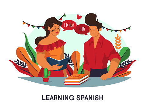 Students talk, have conversation or learning spanish language. Lesson with tutor or teacher, communication. Vector banner or background. Study of foreign tradition and culture. Education theme.