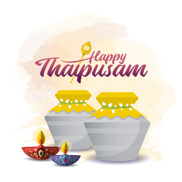 ilustrações de stock, clip art, desenhos animados e ícones de happy thaipusam - paal kudam (milk pot offerings) and diya oil lamp on watercolor background - thaipusam kavadi