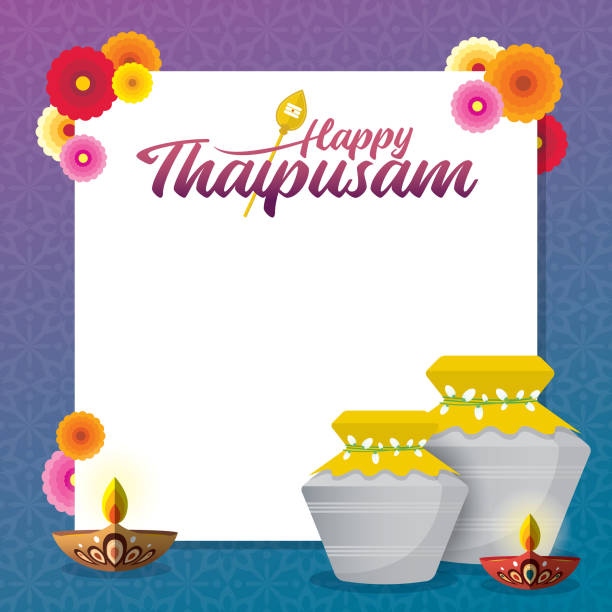 ilustrações de stock, clip art, desenhos animados e ícones de thaipusam greeting template paal kudam milk pot and diya oil lamp - thaipusam kavadi
